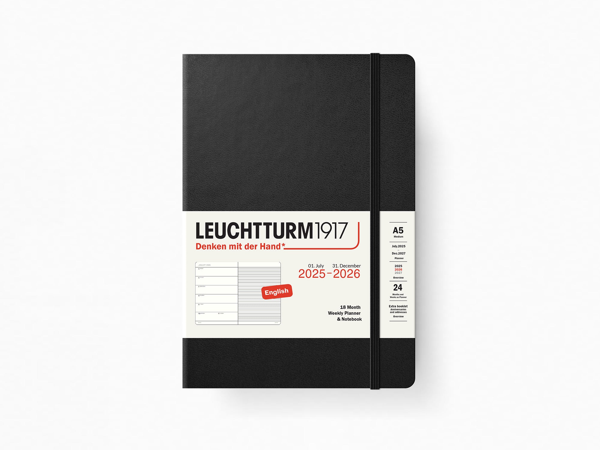 2026 Leuchtturm 1917 Weekly Planner & Notebook 18 Months - BLACK Hardcover, Ruled