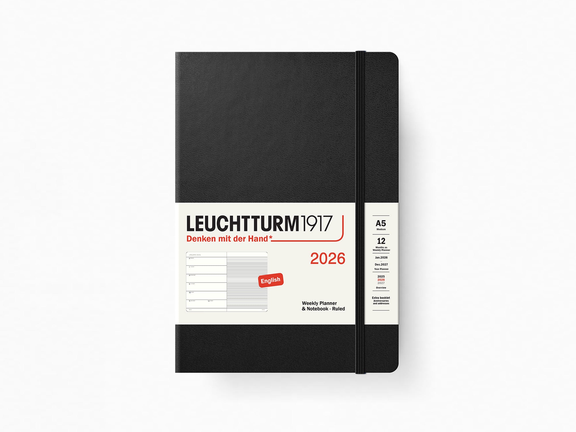 2026 Leuchtturm 1917 Weekly Planner & Notebook - BLACK Hardcover, Ruled Pages